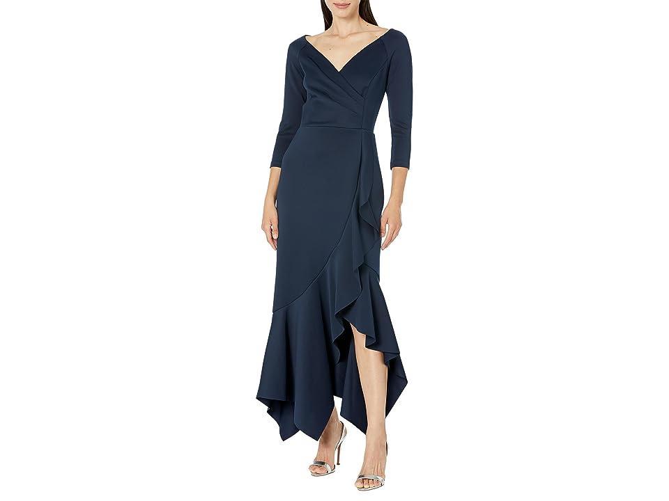 XSCAPE Long Sleeve V Front Ruffle Scuba (Midnight) Women's Dress Product Image