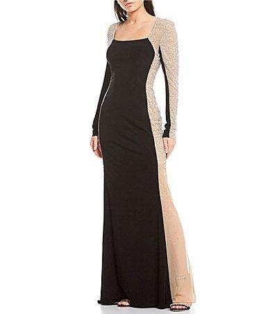 Xscape Petite Size Long Sleeve Square Neck Caviar Beaded Mesh Panels Sheath Gown Product Image