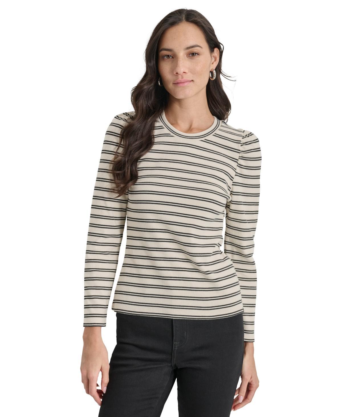 Dkny Jeans Womens Striped Long-Sleeve Crewneck Top - EGGNOG Product Image