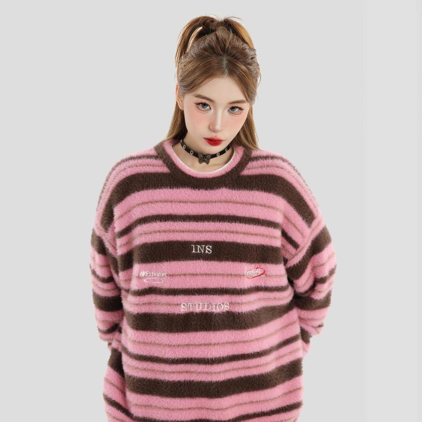 Crewneck Striped Lettering Sweater Product Image