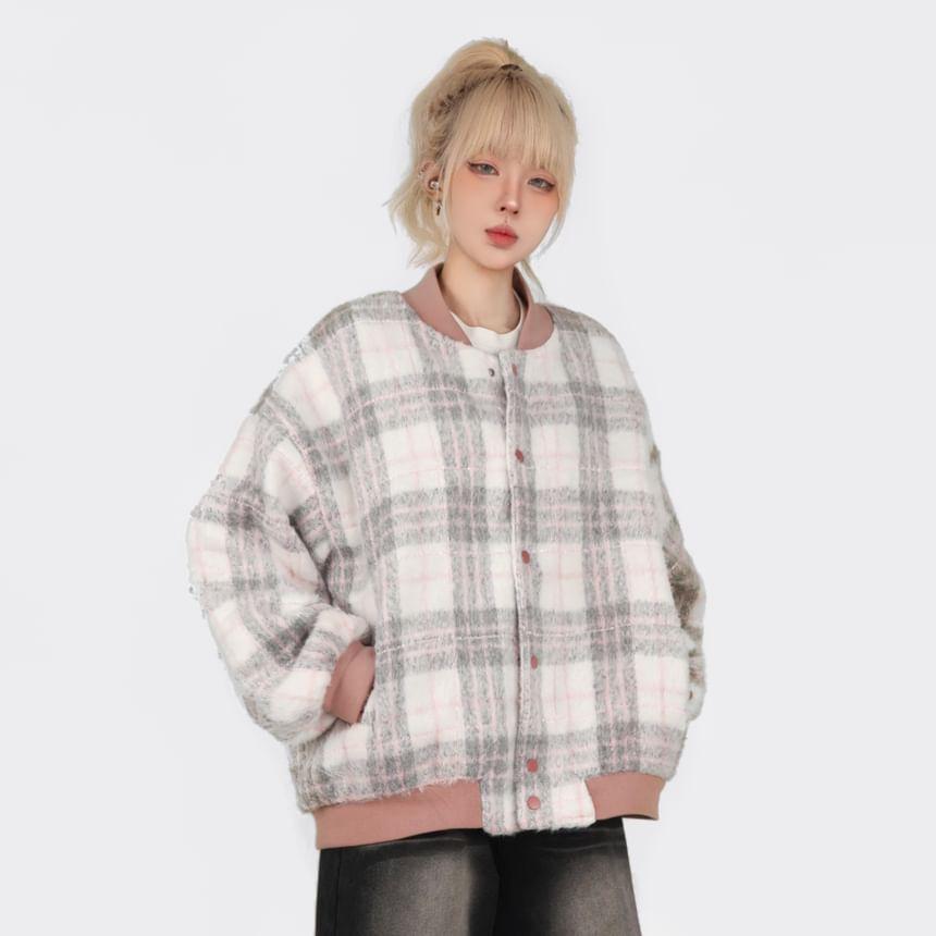 Plaid Zip-Up Bomber Jacket Product Image