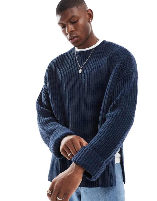 ASOS DESIGN oversized wool mix heavyweight rib sweater in navy Product Image