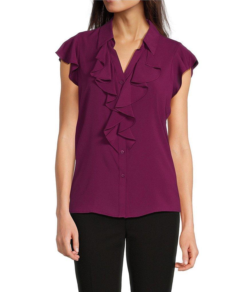 Calvin Klein Cap Sleeve Ruffle Button Front Blouse Product Image