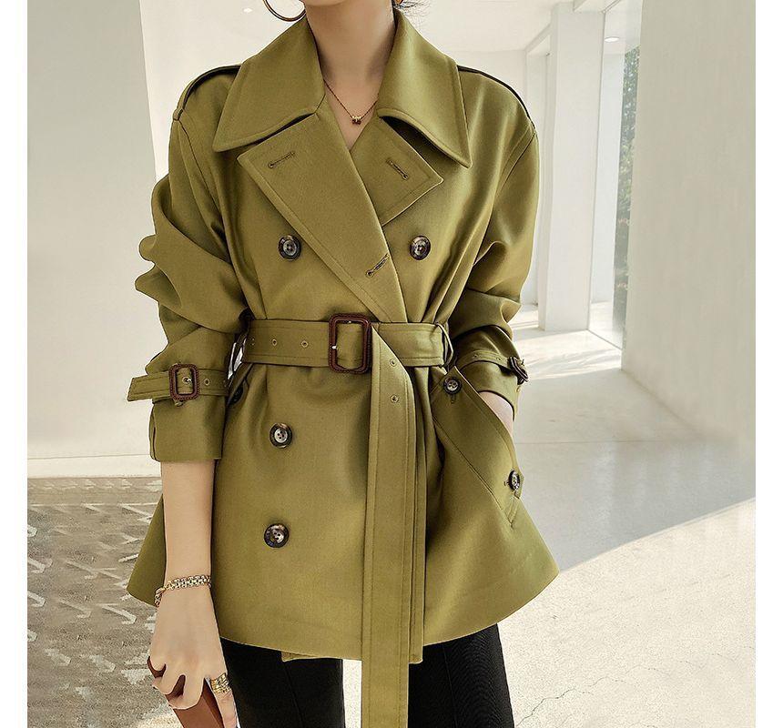 Plain  Double-Breasted Cropped With Belt Long-Sleeve Jacket Product Image