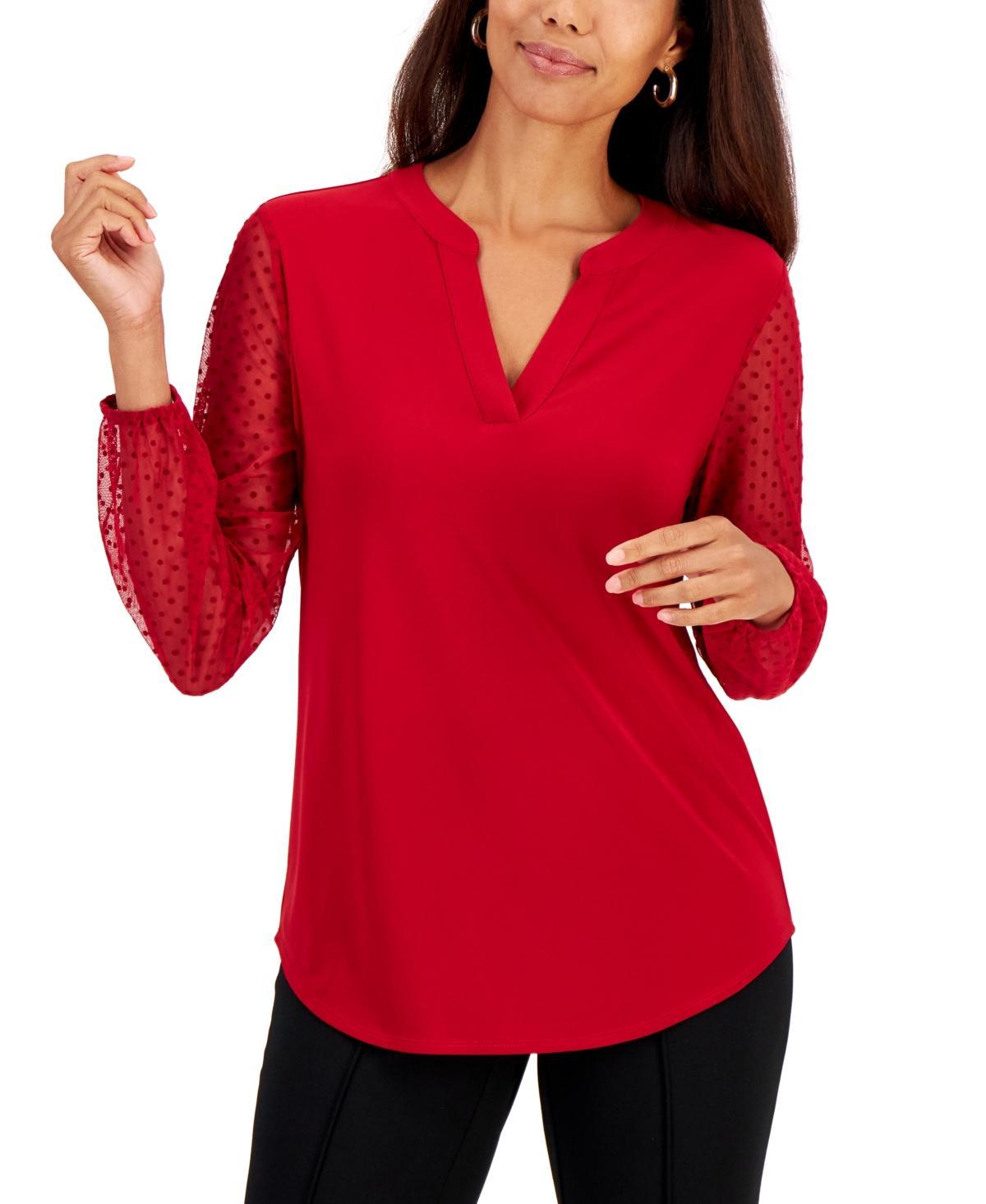 Kasper Womens Sheer-Sleeve Split-Neck Knit Top, Regular and Petite Sizes Product Image