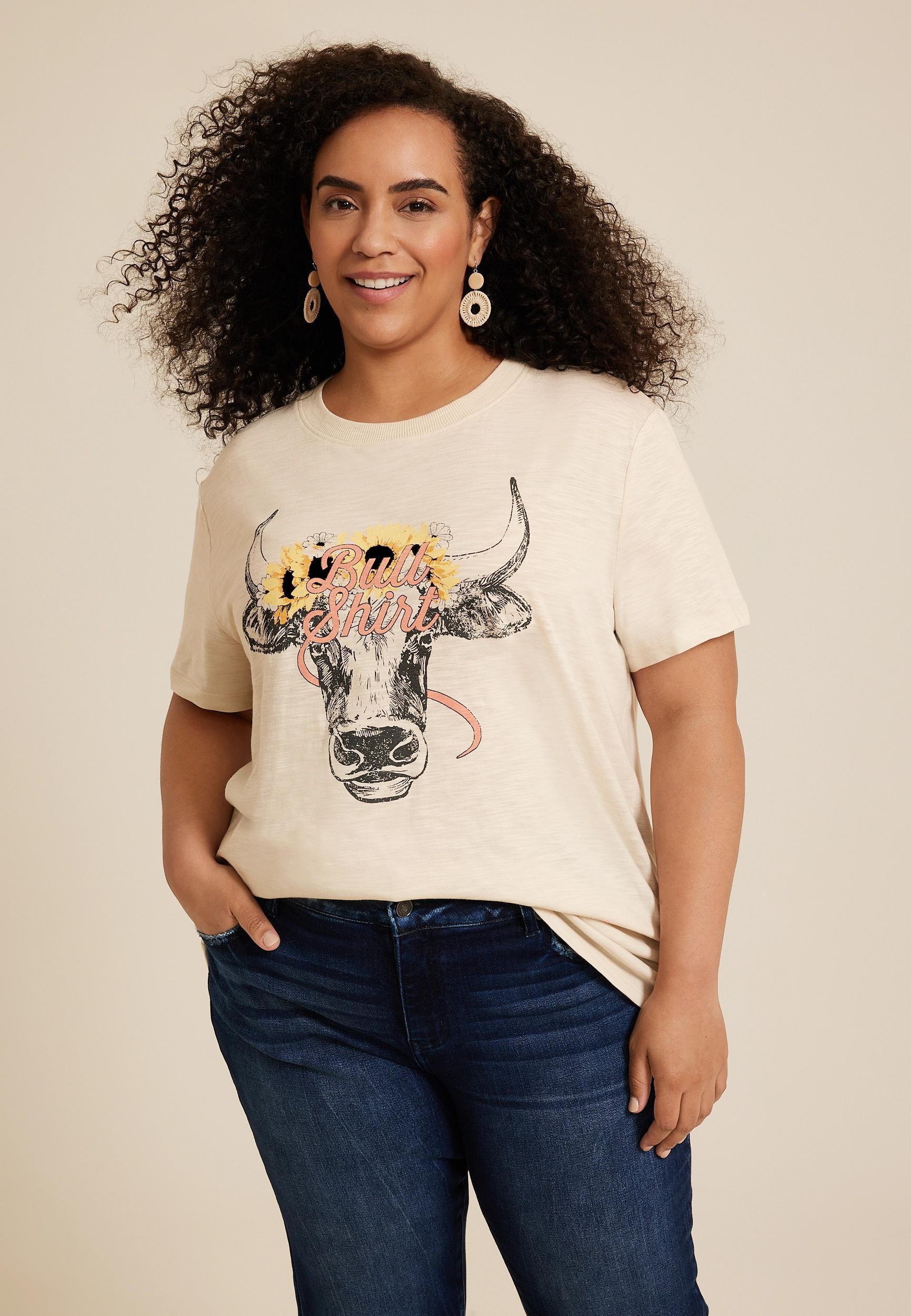 Maurices 1X Plus Size Womens Bull Shirt Oversized Fit Graphic Tee Beige Product Image