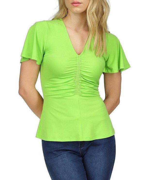 Michael Kors Stretch Matte Jersey V-Neck Short Flutter Sleeve Ruched Bodice Top Product Image