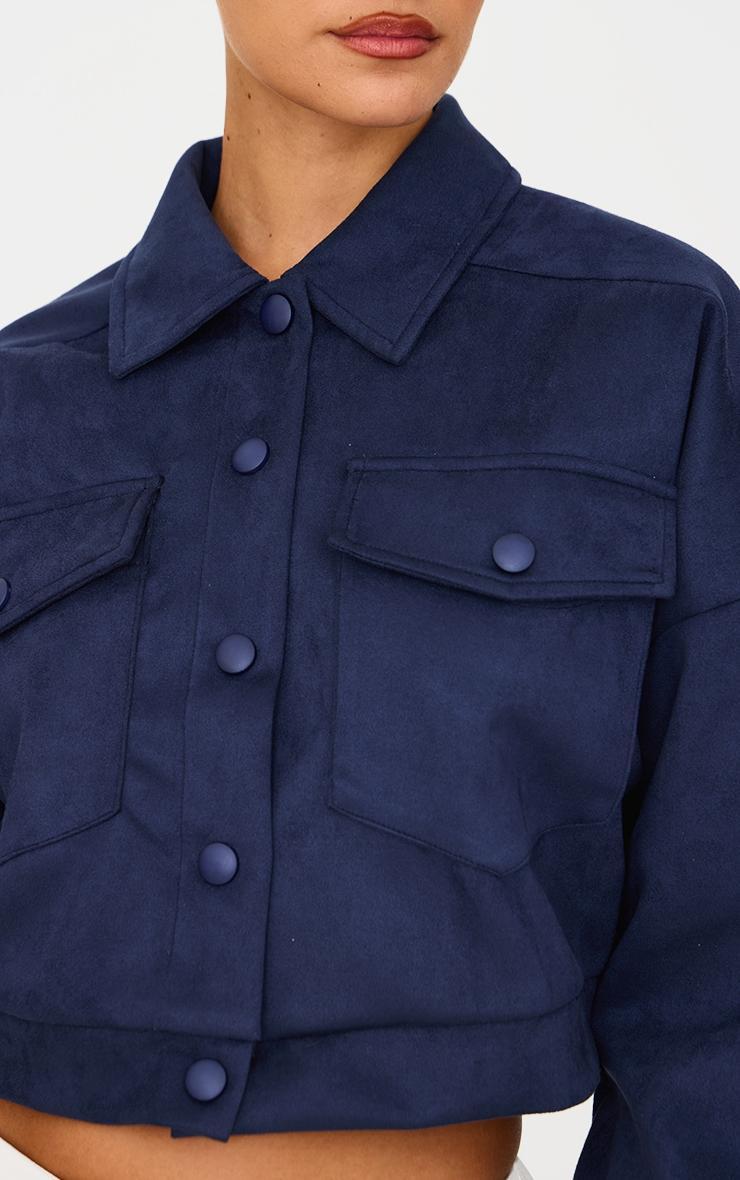 Navy Faux Suede Cropped Trucker Jacket Product Image