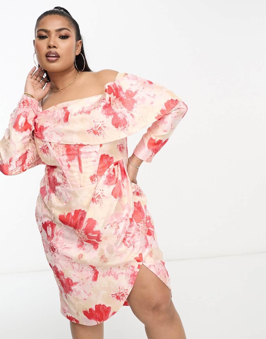 ASOS LUXE Curve fallen shoulder jacquard wrap mini dress in floral print Product Image