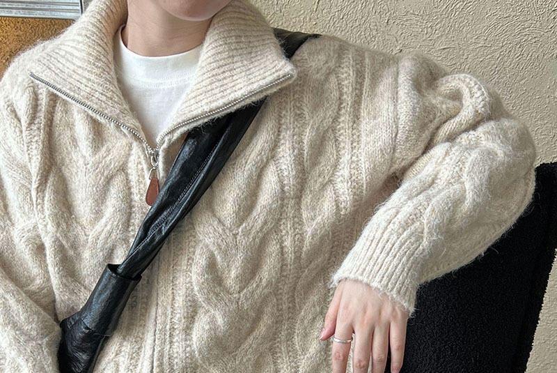 Drop Shoulder Plain Cable Knit Zip Up Cardigan Product Image