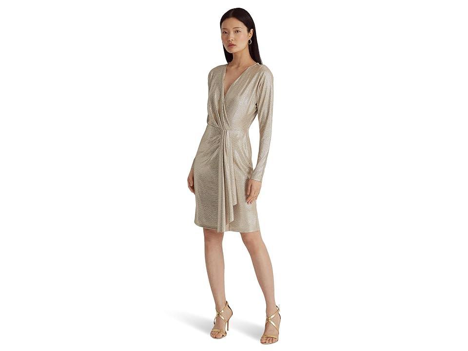 Lauren Ralph Lauren Metallic Stretch Knit Cocktail Dress (Birch Tan Foil) Women's Dress Product Image