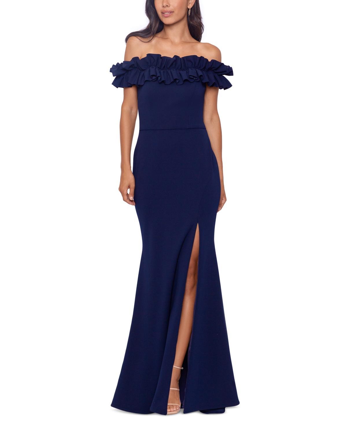 Xscape Evenings Off the Shoulder Ruffle Crepe Trumpet Gown Product Image