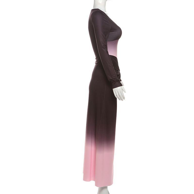 Long Sleeve V-Neck Gradient Ruched Maxi Sheath Dress Product Image