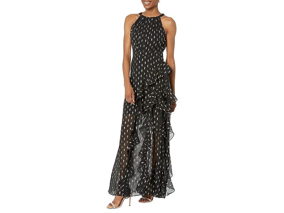 Betsy & Adam Long Halter Chiffon Clip Dot (Black Women's Dress Product Image