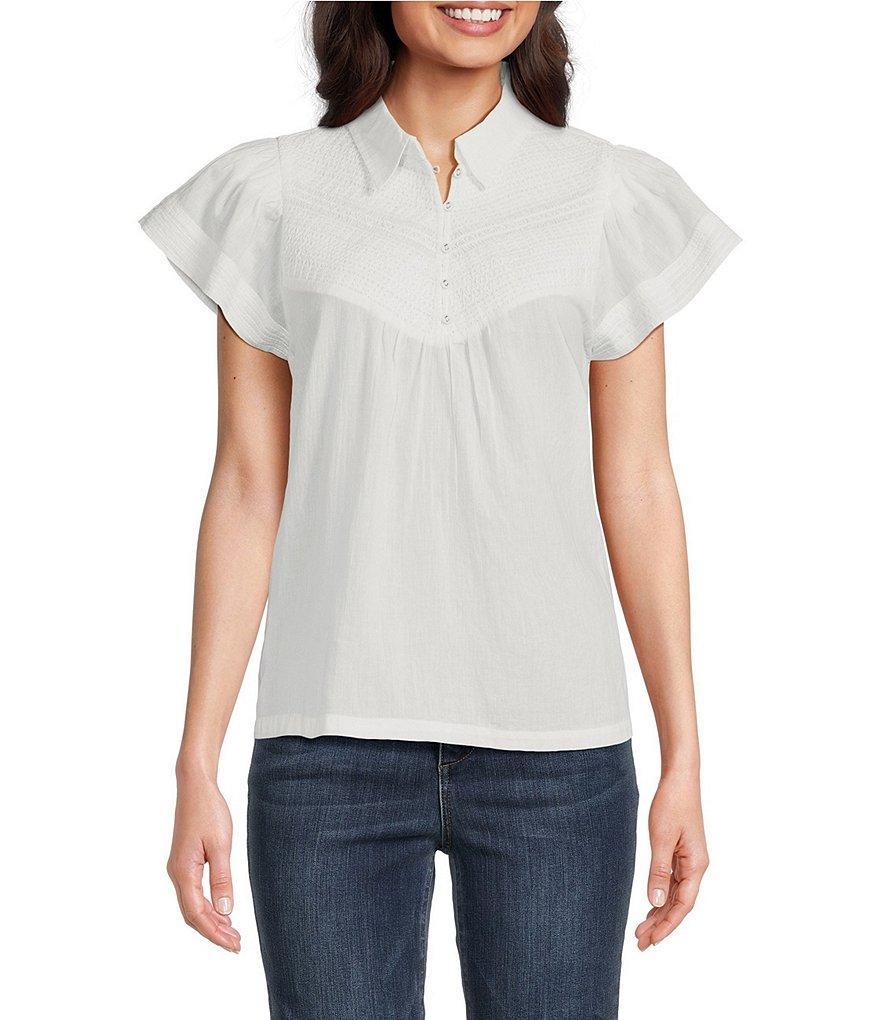 Democracy Point Collar Flounce Cap Sleeve Smocked Woven Top Product Image