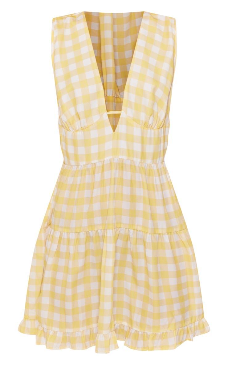 Lemon Gingham Print Sleeveless V Neck Tea Dress Product Image