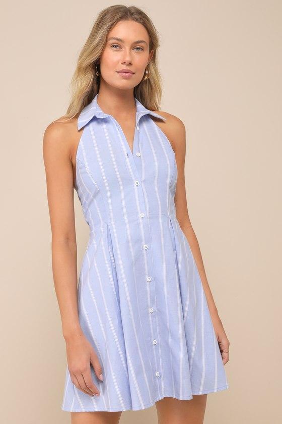 Posh Beauty Light Blue Striped Collared Halter Mini Skater Dress product image