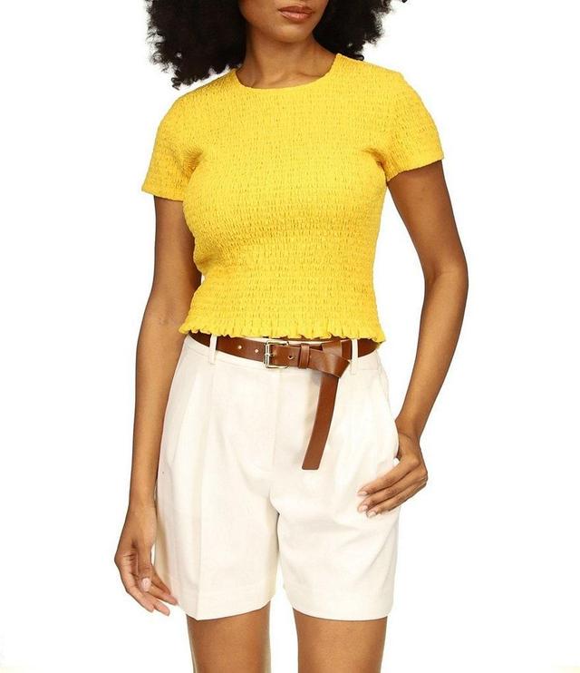 Michael Kors Smocked Crew Neckline Cap Sleeve Cropped Tee Shirt Product Image