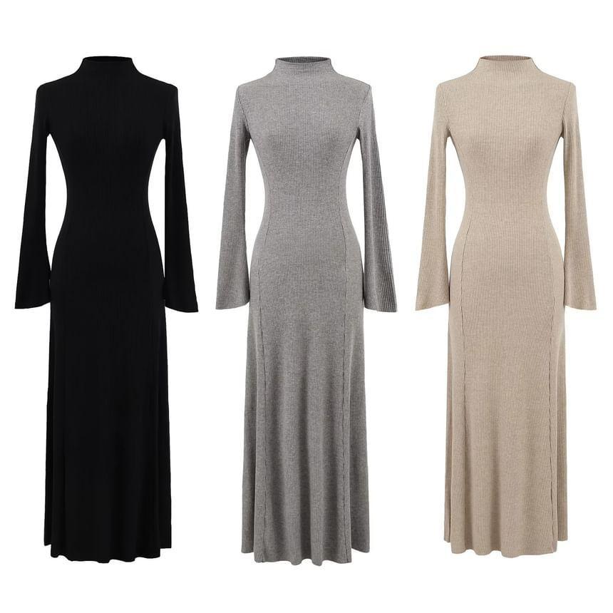 Long-Sleeve High Neck Plain Midi Knit Dress (Various Designs) Product Image