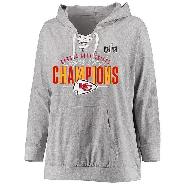 Womens Fanatics Heather Gray Kansas City Chiefs Super Bowl Lviii Champions Plus Size Prestigious Run Long Sleeve Lace-Up Hoodie Product Image