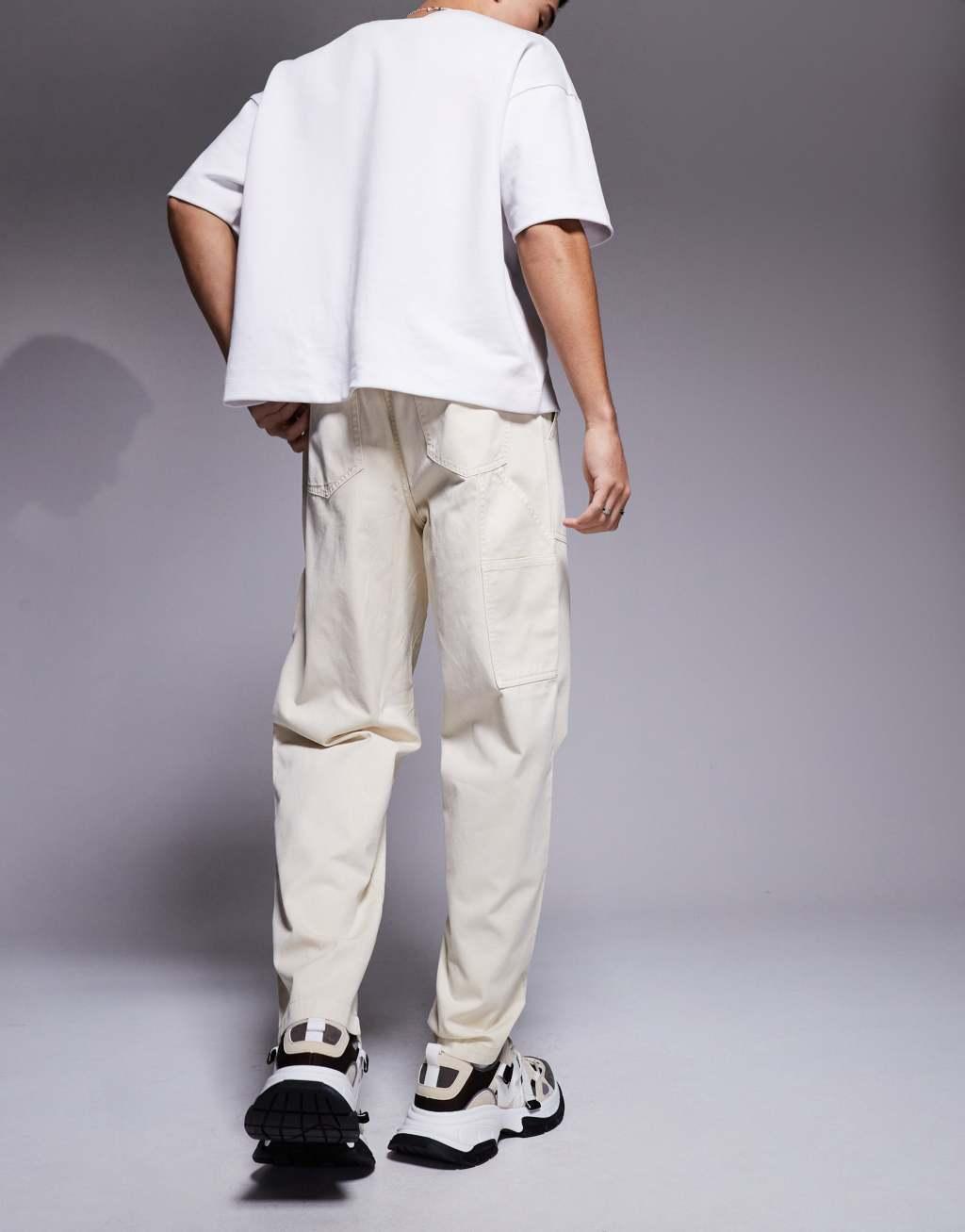 ASOS DESIGN pull on pants with carpenter detailing in beige Product Image