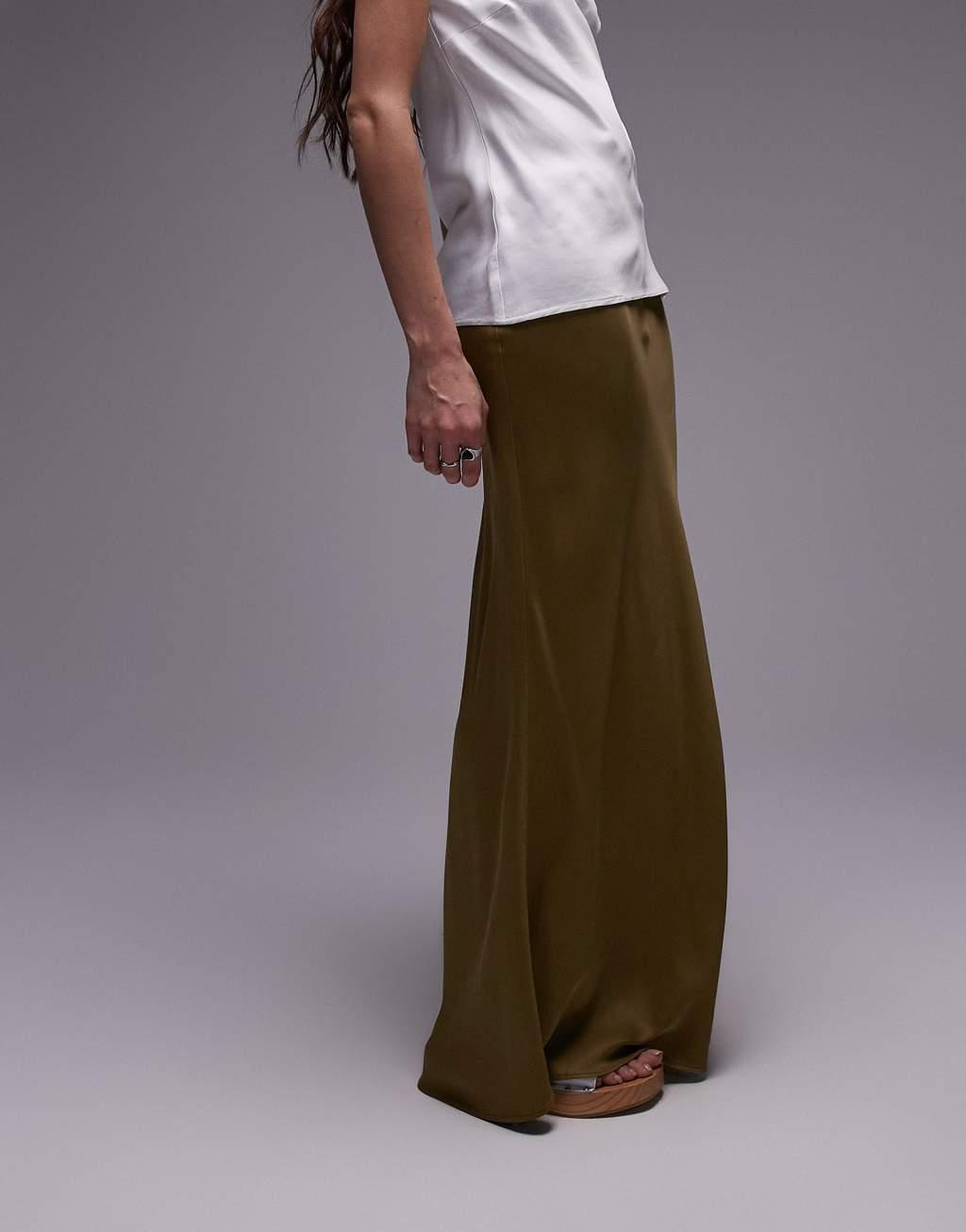 Topshop satin bias maxi skirt in khaki Product Image