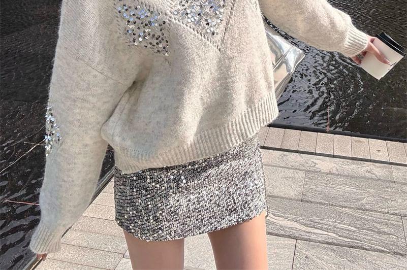 Crew Neck Plain Sequin Sweater / High Rise Plain Mini Pencil Skirt Product Image