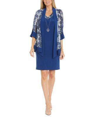 R & M Richards Womens 2-Pc. Printed Jacket & Necklace Dress Product Image