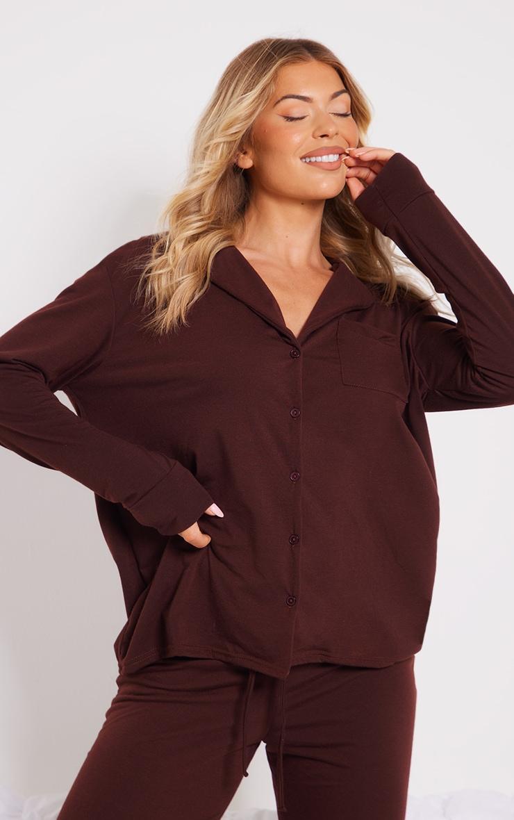 Chocolate Brushed Jersey Button Up Long Sleeve Shirt Product Image