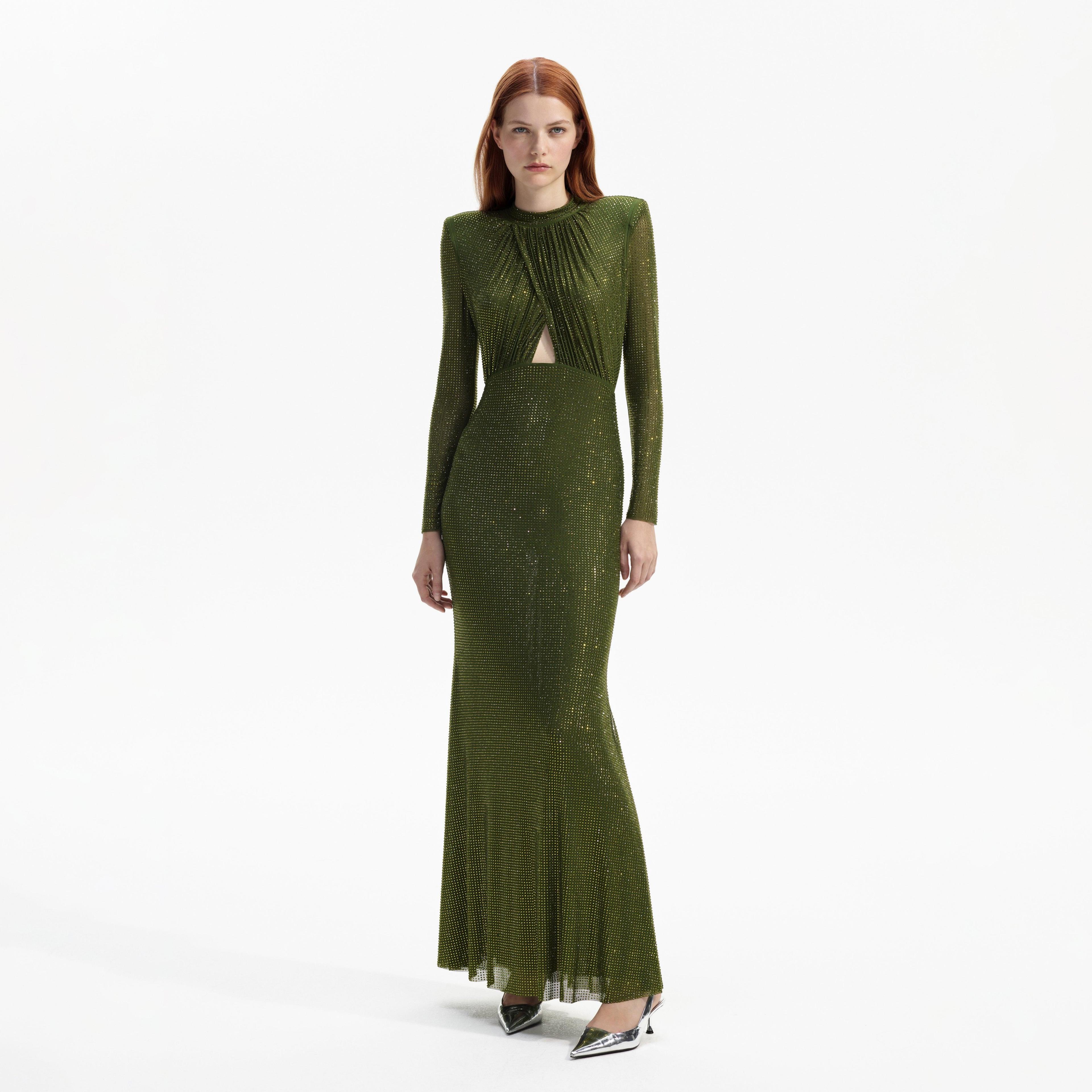 Olive Green Rhinestone Maxi Dress Product Image