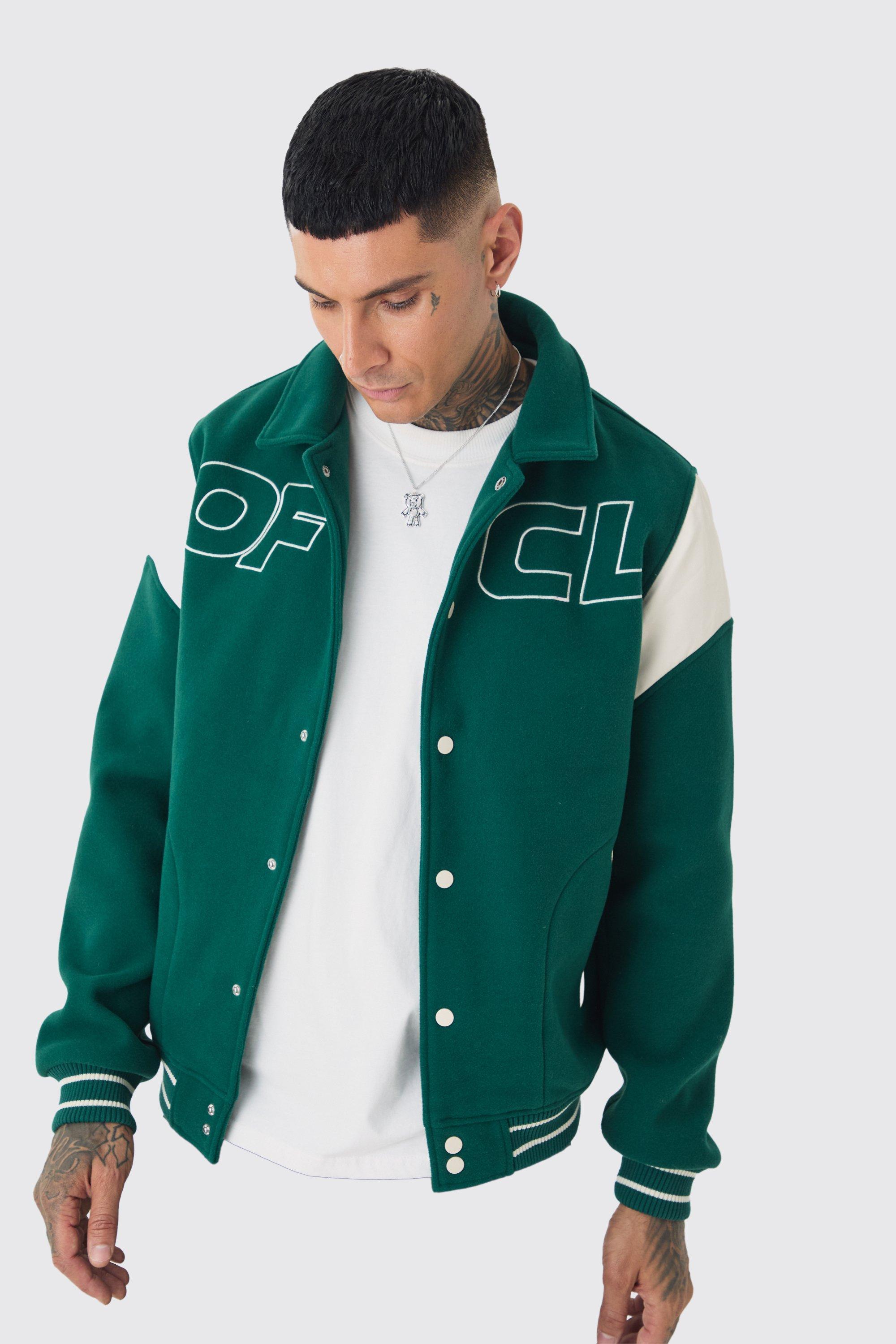 Tall OFCL Collared Varsity Jacket In Green | boohooMAN USA Product Image