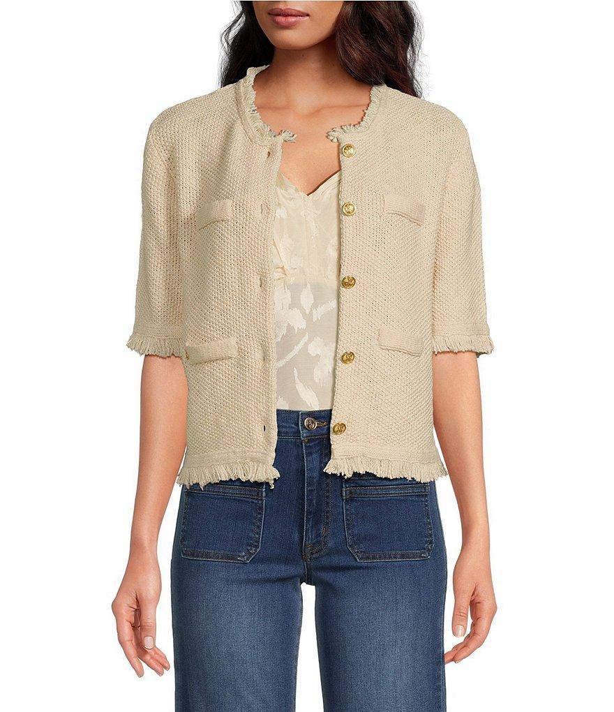 Sam Edelman Cropped Fringe Mock Neck Short Sleeve Cardigan Product Image