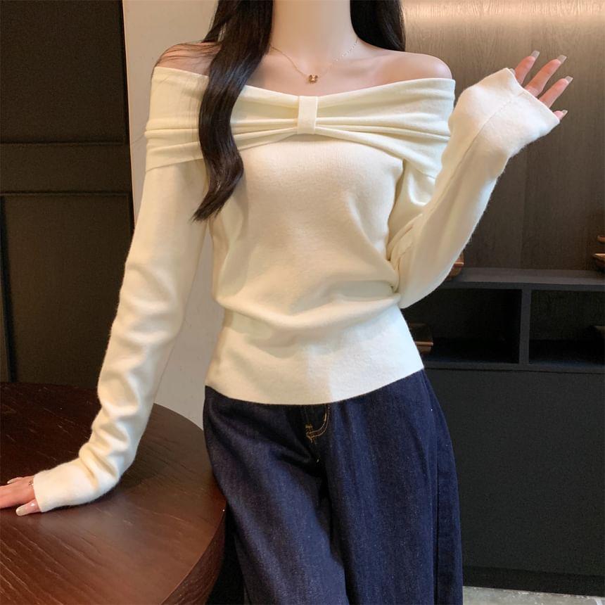 Off-The-Shoulder Long Sleeve Plain Ribbed Knitted Top Product Image