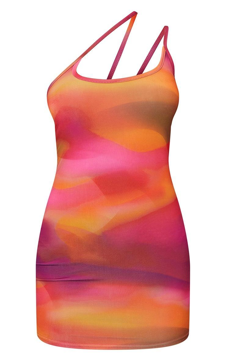 Pink Abstract Print Slinky Asymmetric Strap Detail Bodycon Dress Product Image