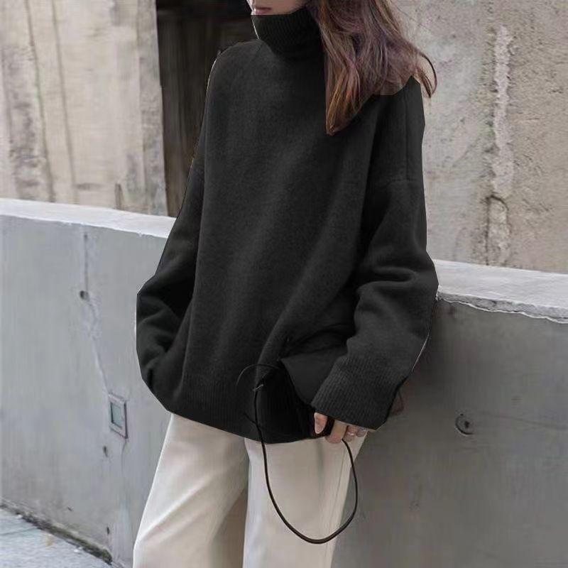 Turtleneck Drop Shoulder Plain Fluffy Oversized Sweater Product Image