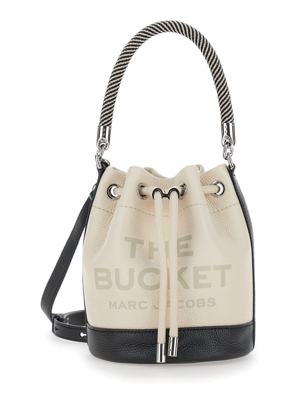 MARC JACOBS The Leather Bucket White And Black Handbag With Drawstring And Front Logo In Hammered Leather Woman Product Image