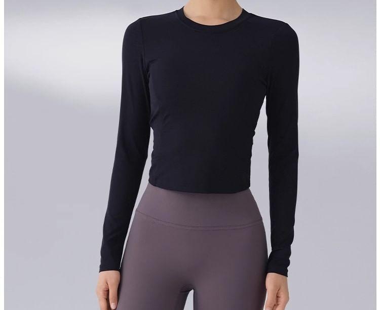 Long Sleeve Crew Neck Plain Cutout Sport Crop Top Product Image