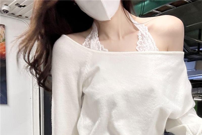 Halter Neck Lace Mini A-Line Dress / Long-Sleeve Off-Shoulder Plain Knit Top Product Image