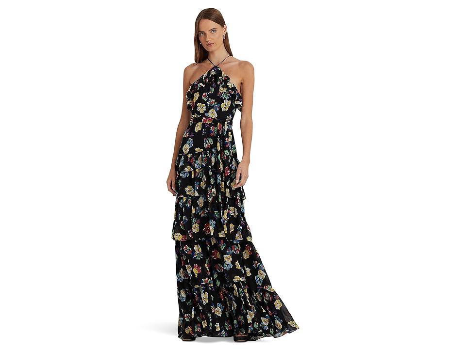 LAUREN Ralph Lauren Floral Ruffle-Trim Georgette Halter Gown Multi) Women's Clothing Product Image