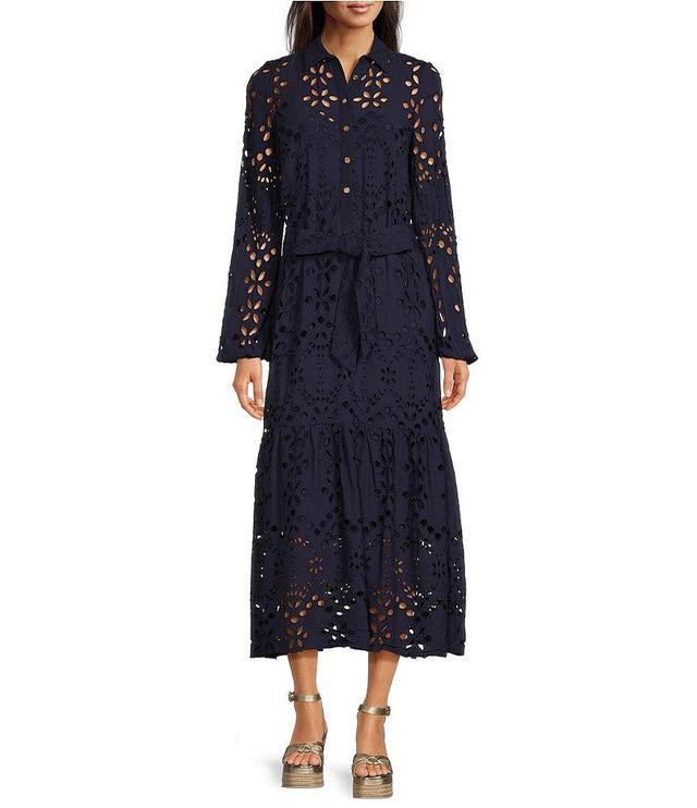 Lilly Pulitzer Zia Woven Eyelet Point Collar Button Front Midi A-Line Dress Product Image