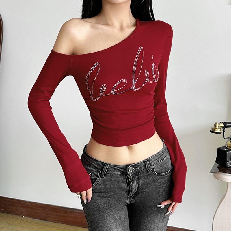 Long-Sleeve Off-Shoulder Lettering Rhinestone Slim Fit Crop Top Product Image