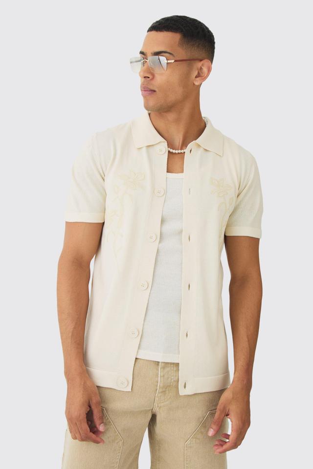 Regular Fit Tonal Embroidered Knitted Shirt | boohooMAN USA Product Image