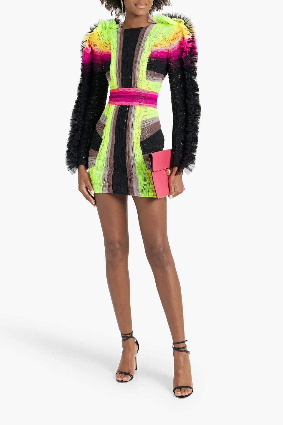 Crystal-embellished Striped Plissé-tulle Mini Dress In Lime Green Product Image