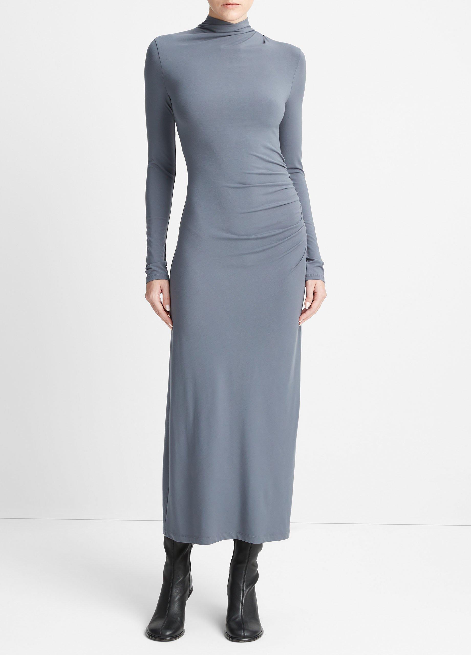 Ruched Long-Sleeve Turtleneck Dress Product Image