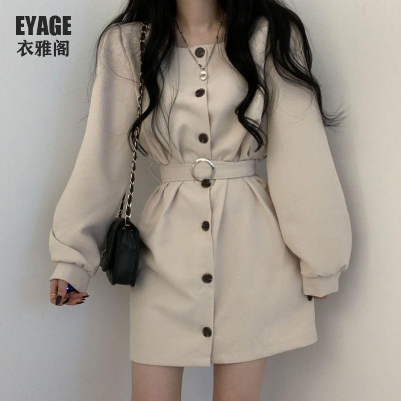 Long-Sleeve Square-Neck Plain Button-Up Mini A-Line Dress Product Image