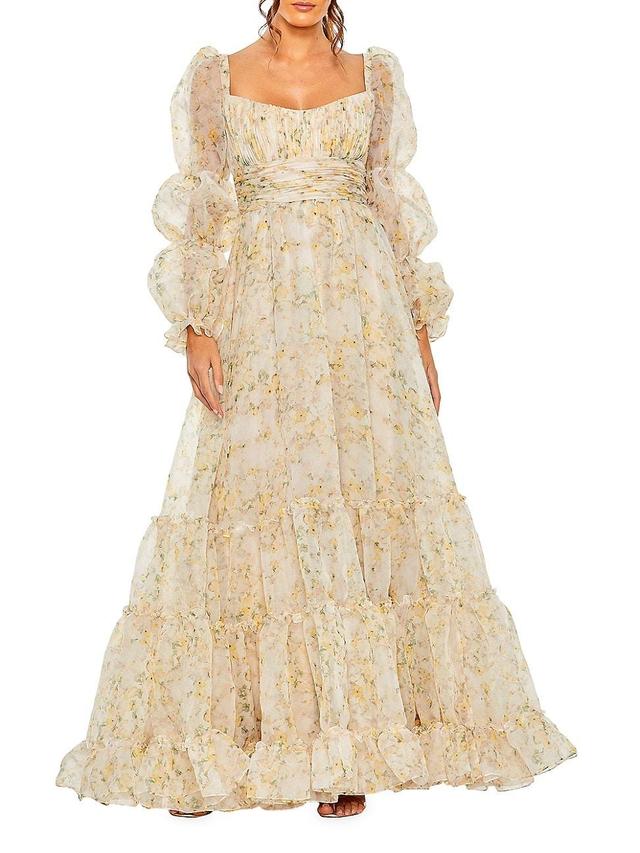 Womens Floral Puff-Sleeve Tiered Chiffon Gown Product Image