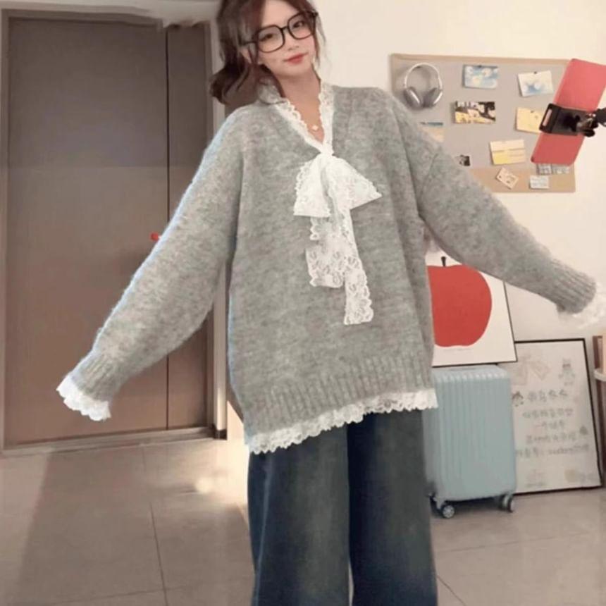 V-Neck Plain Bow Lace Trim Oversized Sweater Product Image