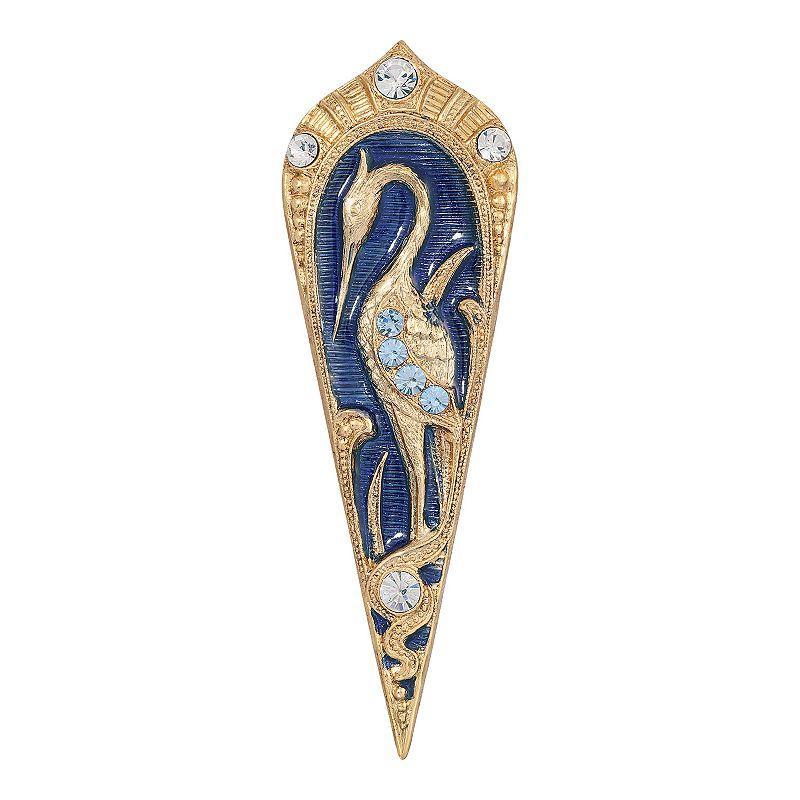 1928 Gold Tone Blue Crystal & Enamel Crane Pin, Womens Product Image