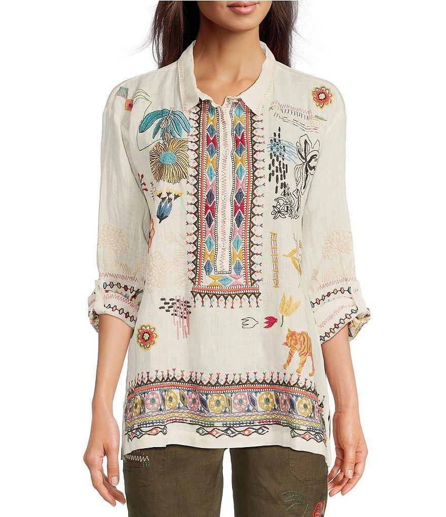 JOHNNY WAS Simmie Linen Point Collar Long Sleeve Embroidered Blouse Product Image