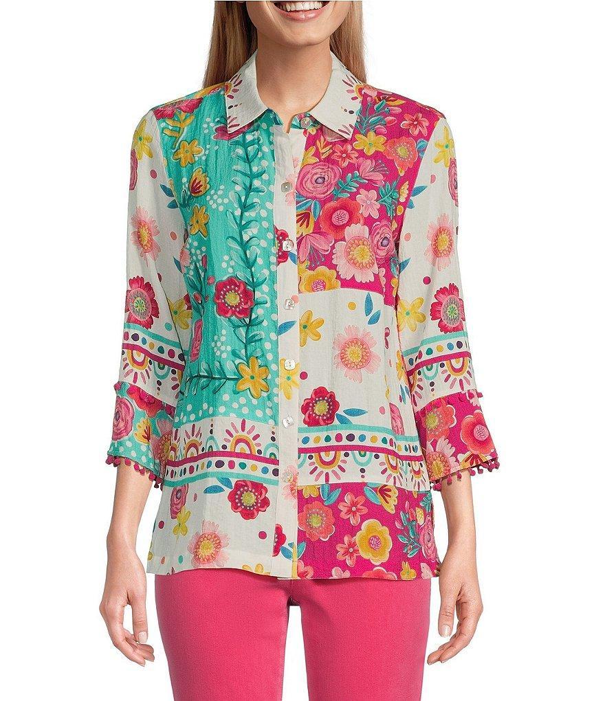 John Mark Floral Print Point Collar 3/4 Sleeve Button Front Tunic Product Image